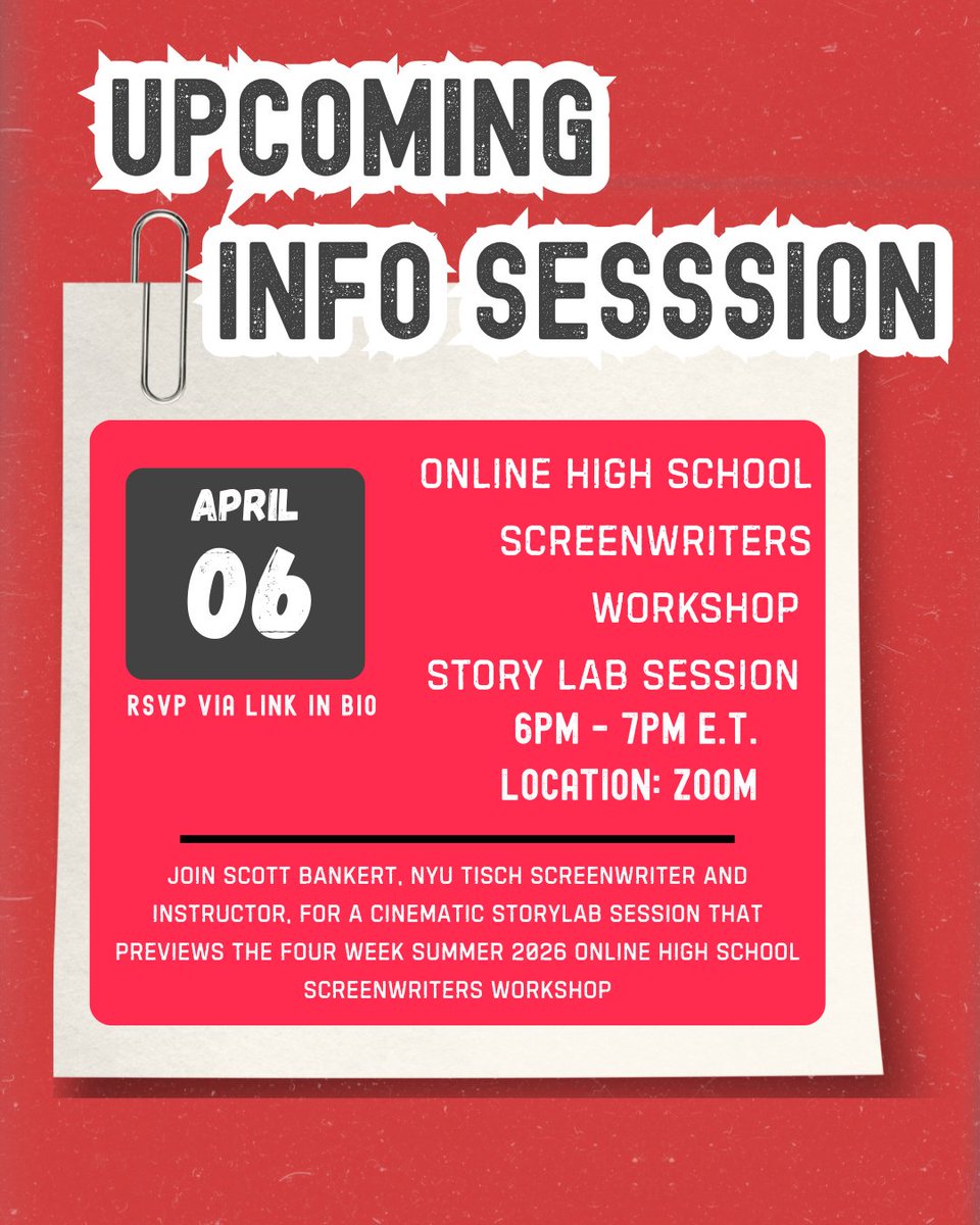 tischsp's tweet photo. Get a sneak peek into our Online High School Screenwriters Workshop.
Meet the instructor, explore the creative process, and learn what the summer program has in store.

RSVP via the link in our bio!
#NYUTisch #highschoolprograms #onlineworkshops #screenwriters https://t.co/NlMUGUFf99