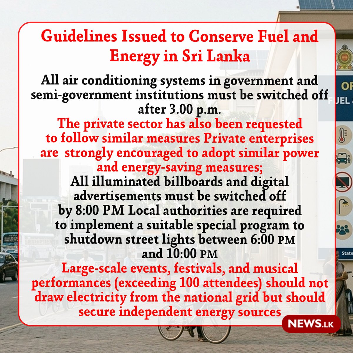 newsdotlk's tweet image. Guidelines Issued to Conserve Fuel and Energy in Sri Lanka
#Energysaving #SriLanka #Guidelines #Newsdotlk