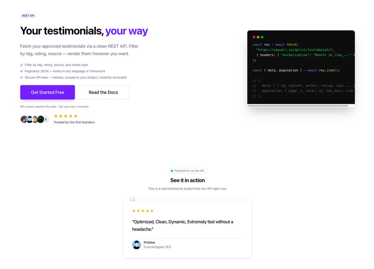 Just shipped a public API. Now you can fetch your  testimonials, filter by tag, rating, source type and render them however you want.  

Would you rather use pre-built widgets or build your own UI?