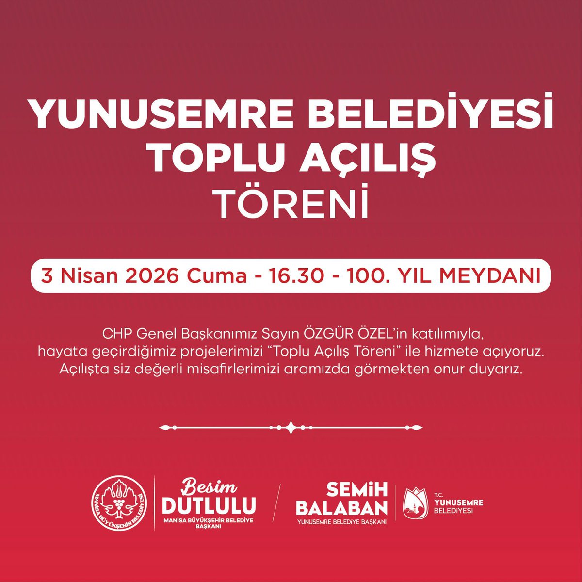 YeniPartManisa's tweet photo. YENİ PROJELERİN TOPLU AÇILIŞI 3 NİSAN’DA
YUNUSEMRE’DEN HİZMET ATAĞI
Yunusemre Belediyemiz, aralarında pek çok yeni yatırımın da bulunduğu 43 proje ve hizmetin toplu açılışını Genel Başkanımız Özgür ÖZEL'in katılımlarıyla gerçekleştirmeye hazırlanıyor.
@eczozgurozel @ilksenuludag https://t.co/yH08e7o10X