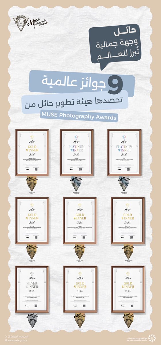 #حائل وجهـة جمـالية تبـرز العـالم 

#هيئة_تطوير_حائل تحصد ( 9 ) جوائز عالمية من MUSE Photography Awards
