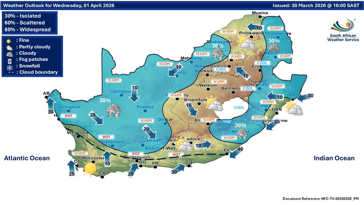 Weather outlook for Wednesday & Thursday, 01 - 02 April 2026. Fine