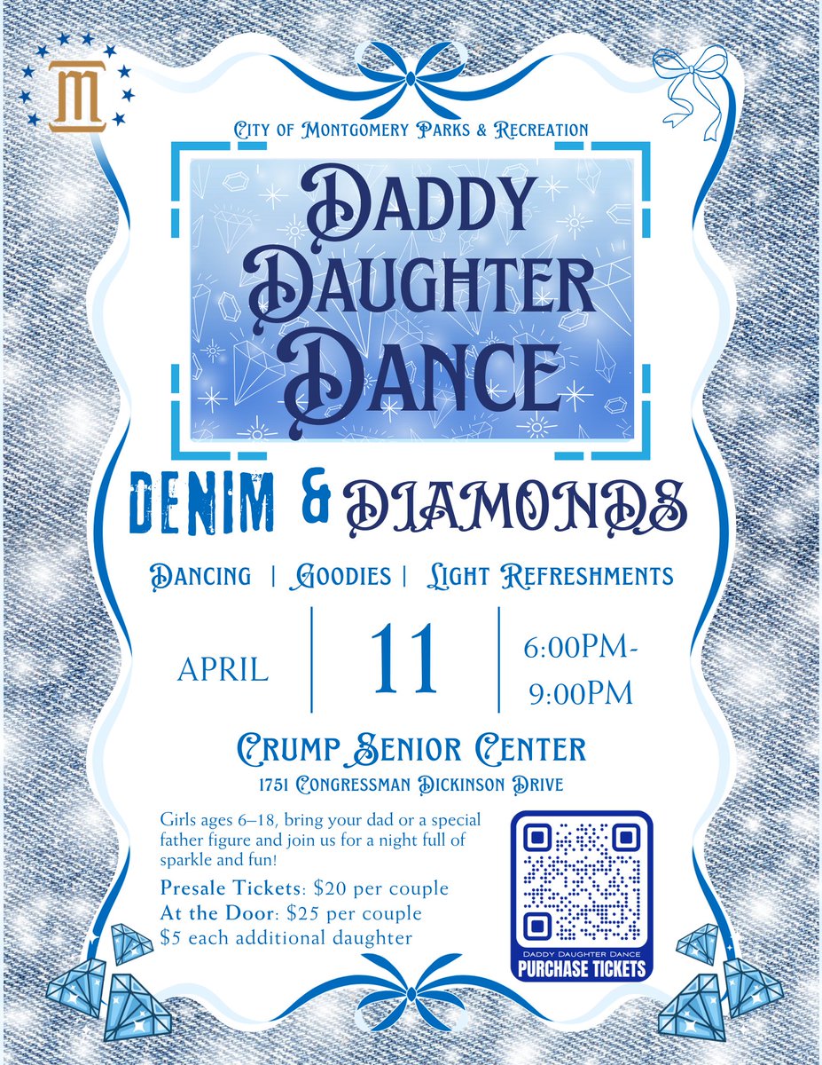 montgcitypandr's tweet image. ✨ Daddy Daughter Dance: Denim &amp;amp; Diamonds — Don’t Forget! ✨

🔗 Buy Tickets Online: tinyurl.com/33ztvxah
📞 More Info: 334‑625‑2300

We can’t wait to dance the night away with you! ✨

#ourmgm #funinmgm #DaddyDaughterDance