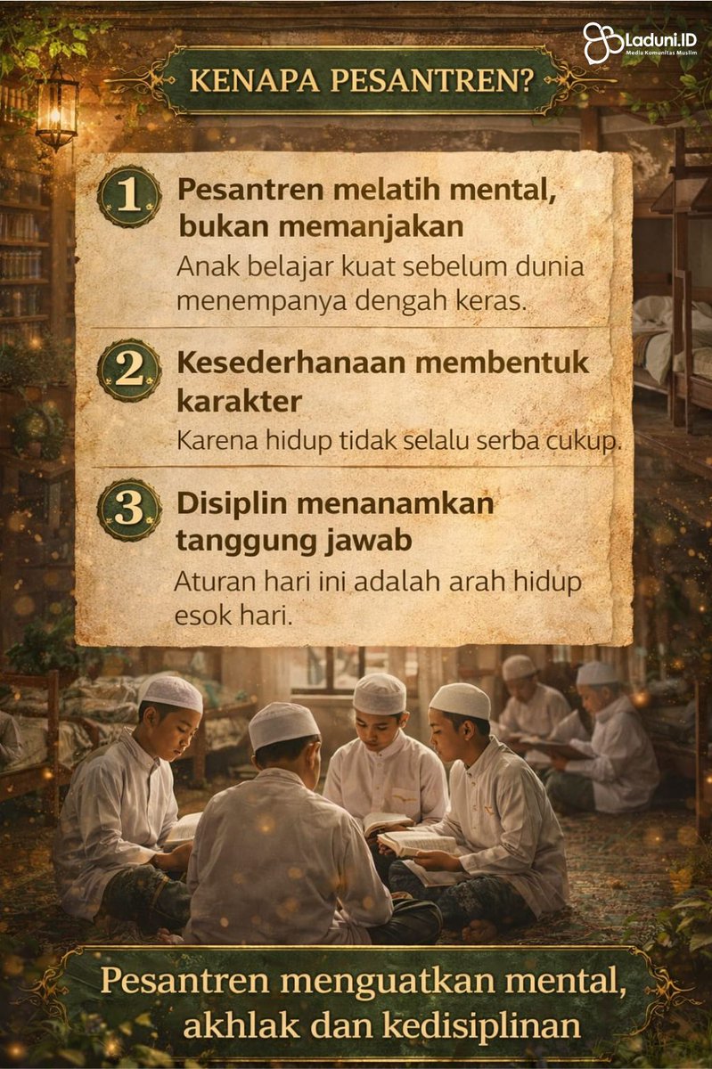 laduniid's tweet image. Pesantren bukan sekadar tempat belajar… tapi tempat ditempat
Di sini, anak-anak belajar kuat saat belum diuji dunia,
belajar sederhana saat hidup tak selalu cukup,
dan belajar disiplin saat orang lain masih santai.

#pesantren #santri #ngaji #islam #indonesia @santri_keliling
