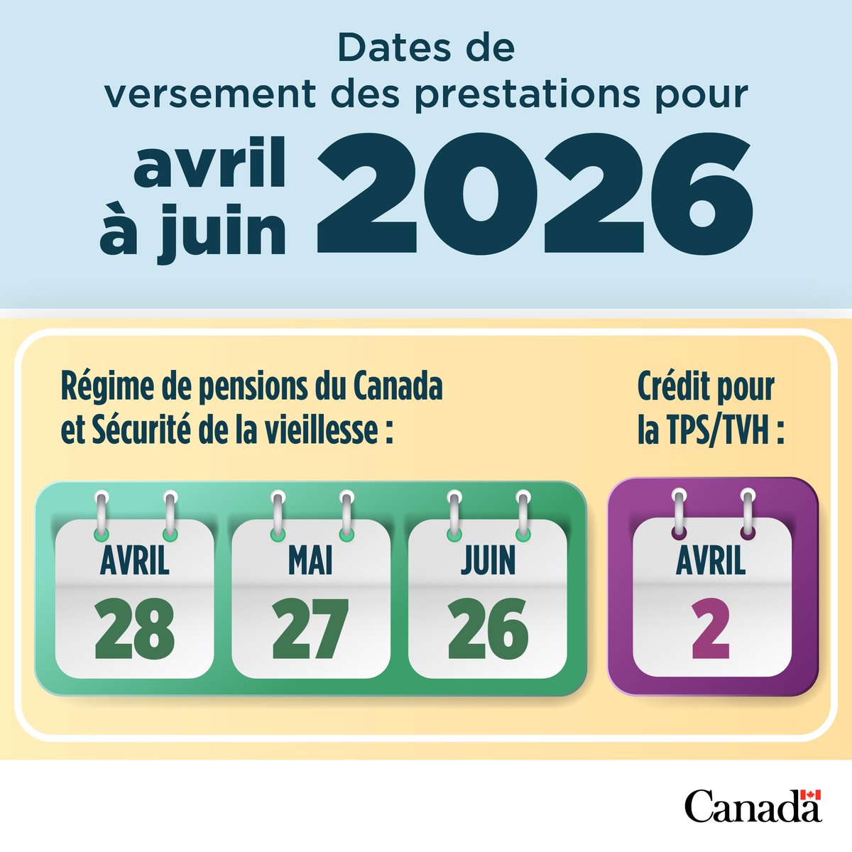 EDSC_GC's tweet image. ‼️ Nous avons regroupé les dates de versement des prestations du printemps. Surveillez les vôtres en ajoutant cette publication à vos favoris! 📅 

Pour en savoir plus : canada.ca/fr/services/pr… 

#RPC #SV