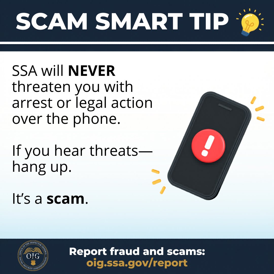 TheSSAOIG's tweet image. 🚨 Scam Smart Tip 
Stay one step ahead of scammers.
#ScamSmart #FraudPrevention #SocialSecurity
