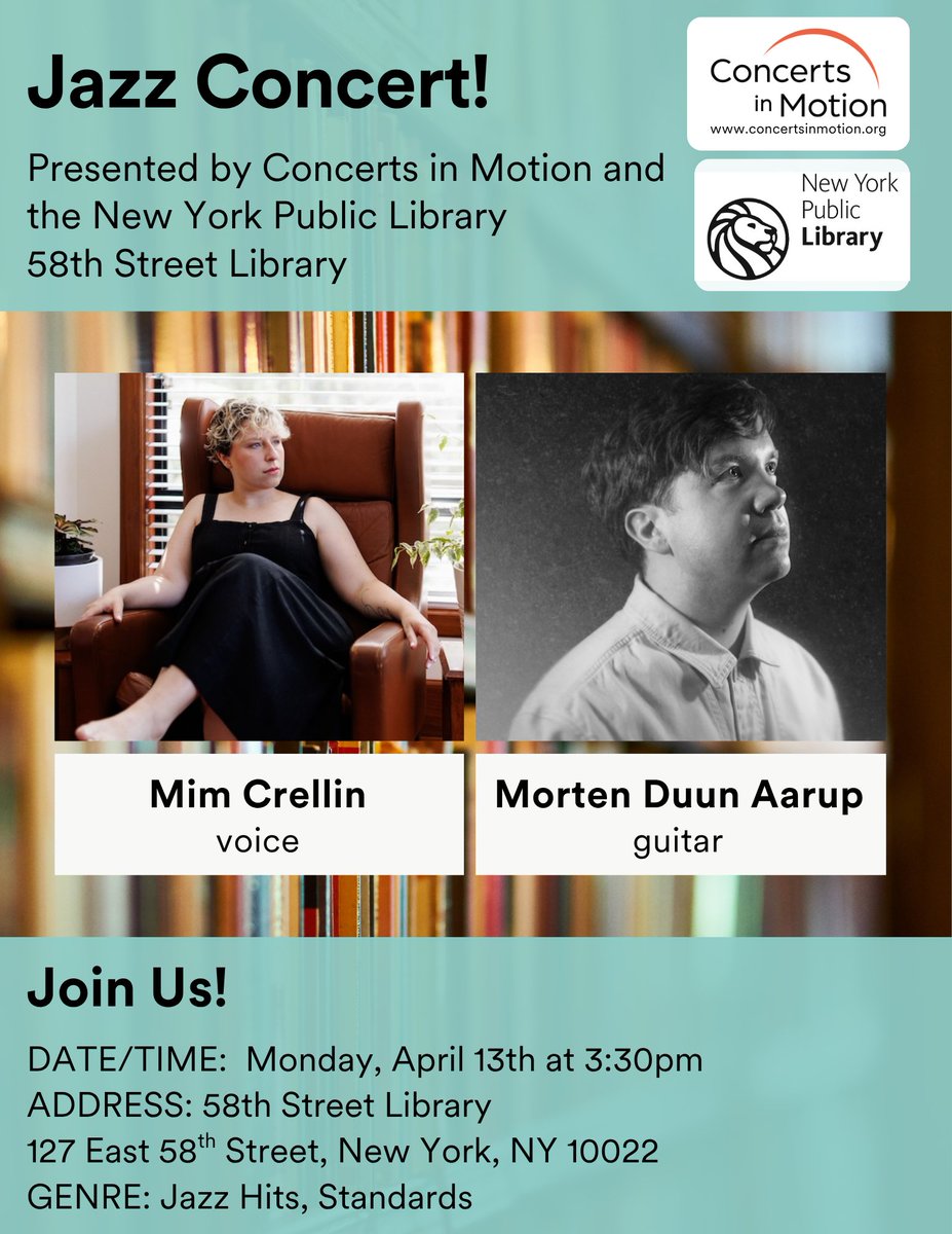 58STLIBRARY's tweet photo. Join us at 58th Street Library on April 13th at 3:30pm for another free concert. This time we're featuring Jazz performers Mim Crellin &amp; Morten Duun Aarup. See you there! https://t.co/lc5p5sZ9vc