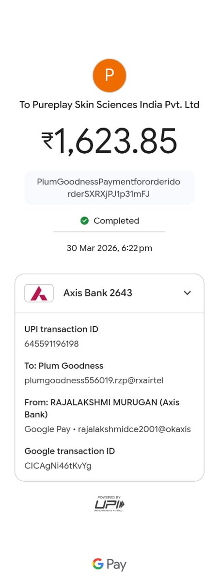 StephenHawk_'s tweet photo. Hi @PlumGoodnessIn, my order #3988334 shows as "Failed" on the app, but ₹1623.85 was successfully deducted via GPay (Payment ID: pay_SXRYT18s2cTwc7). Could your team check the payment gateway logs and confirm the refund status? I have attached the screenshots.
@plumspeak https://t.co/I8LxTR1A9q