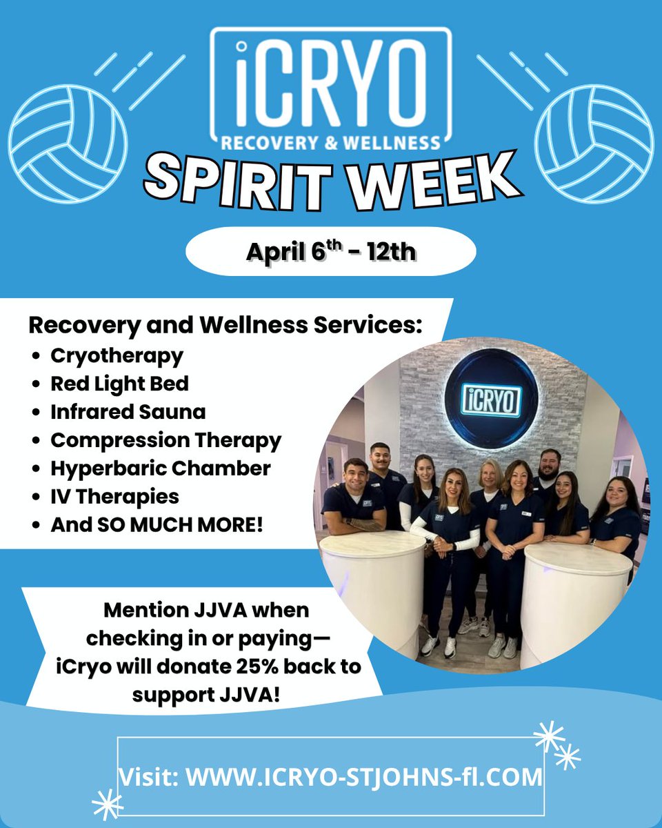 jjva1989's tweet photo. Recovery meets team spirit 💙🏐
Join us for iCRYO Spirit Week (April 6–12) and support JJVA! Just mention JJVA at check-in or checkout, and 25% of your purchase goes back to support the club 🙌

#iCryo #Fundraiser #iCryoSpiritWeek #Volleyball #Recovery https://t.co/iPHdFkqVLz