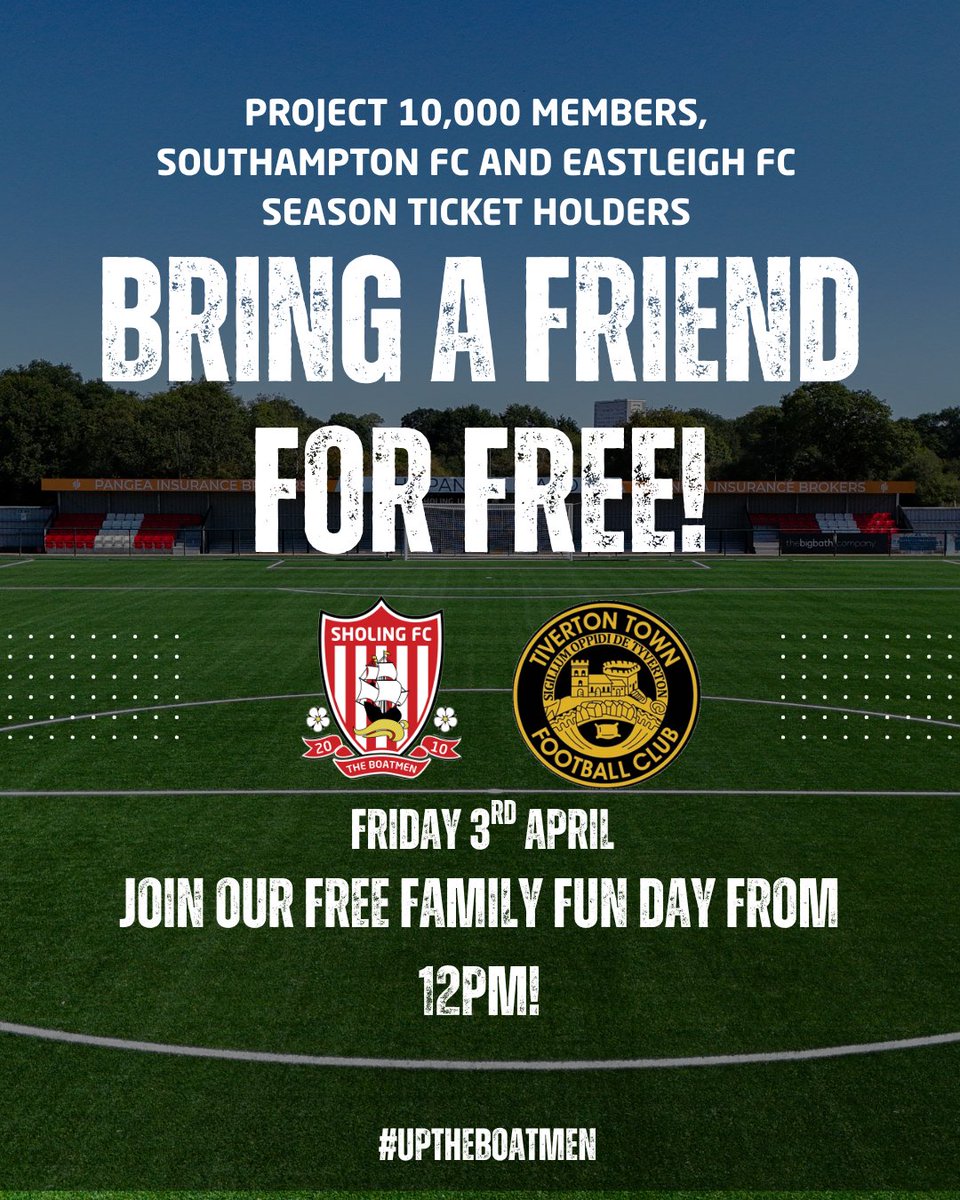 BRING A FRIEND FOR FREE IS BACK 🤝

Project 10,000 Members, Southampton FC &amp; Eastleigh FC season ticket holders get in for just £10 AND bring a friend for FREE! Just show your ticket on the turnstile.

No Saints game. Eastleigh are away. Why not back another local club as we push