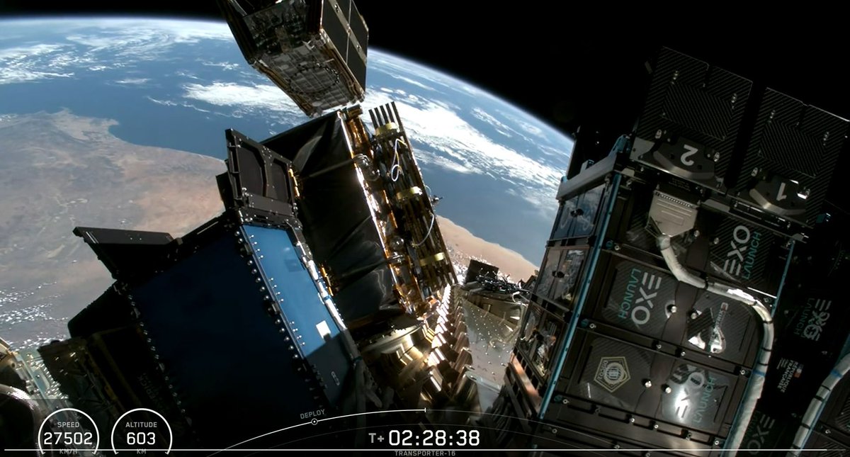 Exolaunch's tweet photo. #Transporter16: Mission Accomplished 🚀 Exolaunch has successfully deployed 57 customer satellites into orbit, completing its 25th mission with Falcon 9 and 44th mission in total.

📸: SpaceX, Exolaunch https://t.co/ZYixboluw5