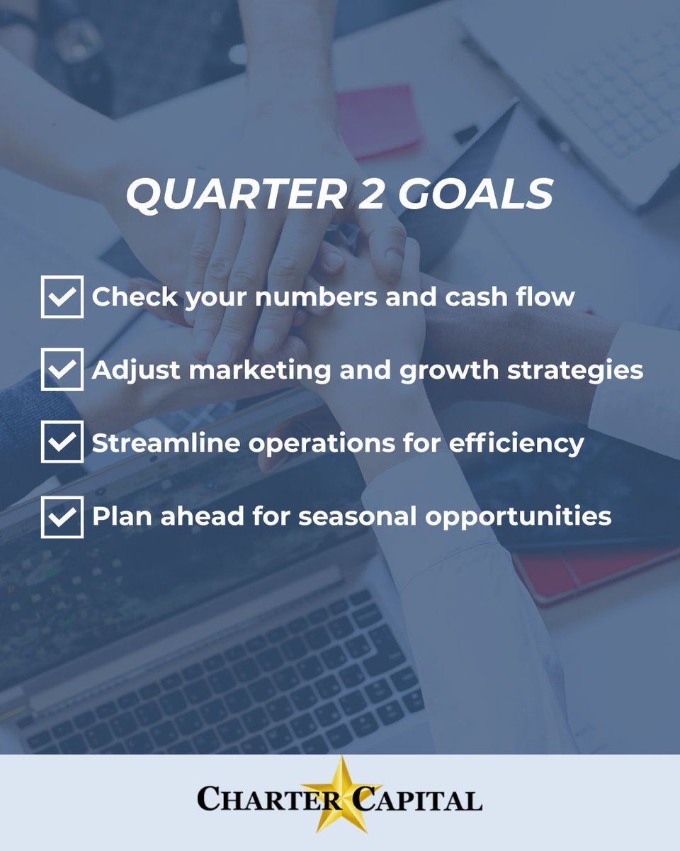 CharterCapital's tweet image. Quarter 2 Incoming!

Quarter 2 starts April 1! A fresh chance to review Q1, refine goals, check cash flow, adjust marketing, streamline operations, and plan for seasonal opportunities. 

#AccountabilityCheck #Quarter2 #SmallBusinessGoals #GoalSetting