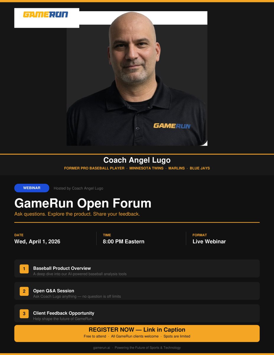 GameRun Baseball Webinar Series ⚾️

Join us Wed, April 1 at 8 PM (EST) with Coach Angel Lugo for training insights, player development tips &amp; live Q&amp;A.

Spots are limited — register now:
us06web.zoom.us/meeting/regist…