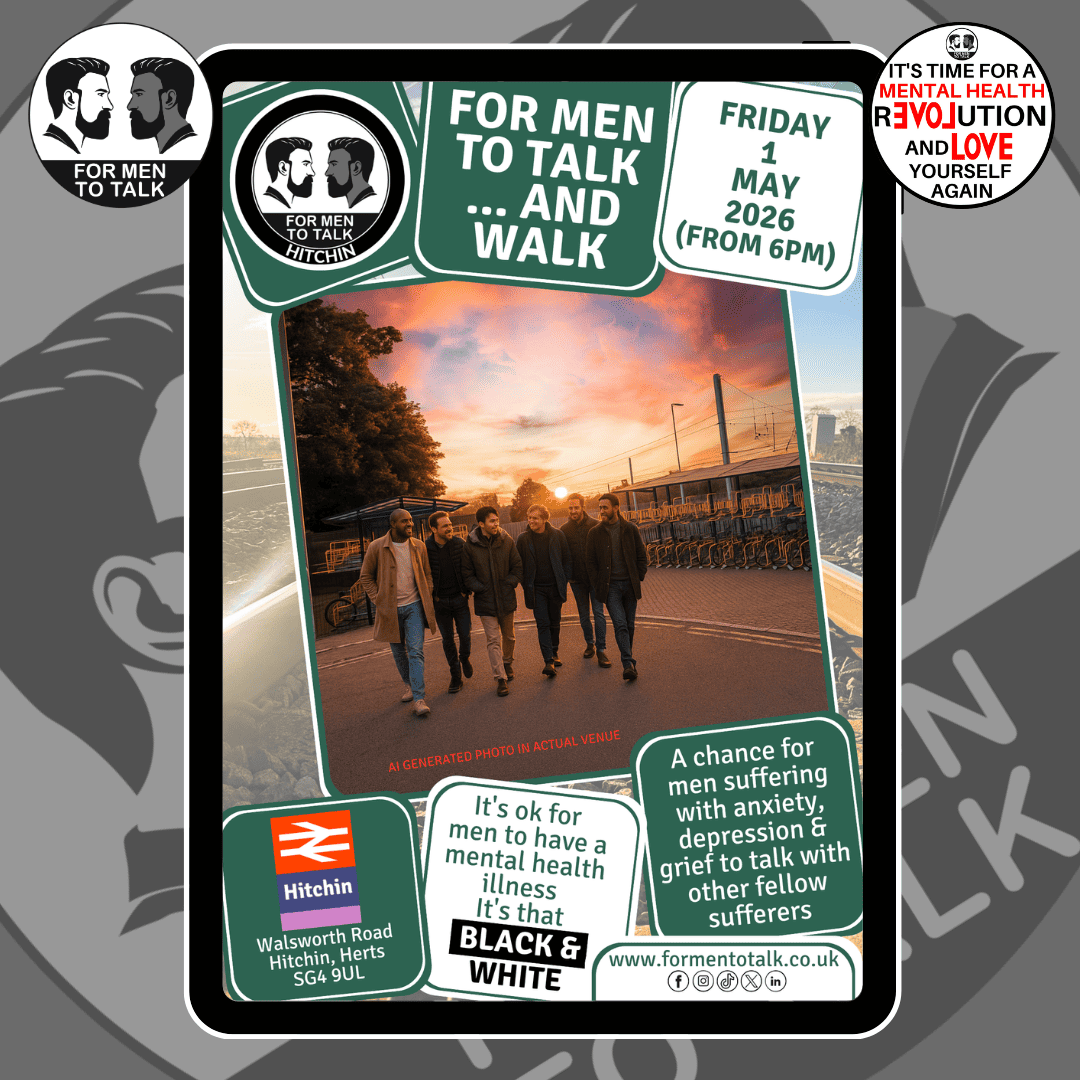 ForMenToTalk's tweet image. You don’t have to manage your #mentalhealth alone. @formentotalk #Hitchin… and Walk meets Friday 1 May 2026 at 6pm. Join other men walking and sharing. Meeting at the Cycle Shelter at Hitchin Train Station. Take a step toward support and connection. #anxiety #grief #depression