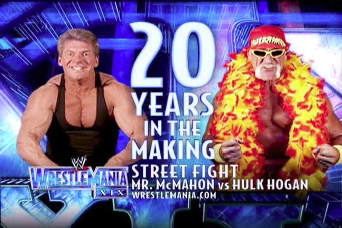 wrestle_hist's tweet photo. 3/30/2003
Hulk Hogan defeated Vince McMahon in a Street Fight at WrestleMania XIX from Safeco Field in Seattle, Washington.
#WWE #WrestleManiaXIX #HulkHogan #Hulkamania #TheImmortal #Hulkster #RealAmerican #VinceMcMahon #MrMcMahon #NoChanceInHell #YoureFired https://t.co/y568ibknYK
