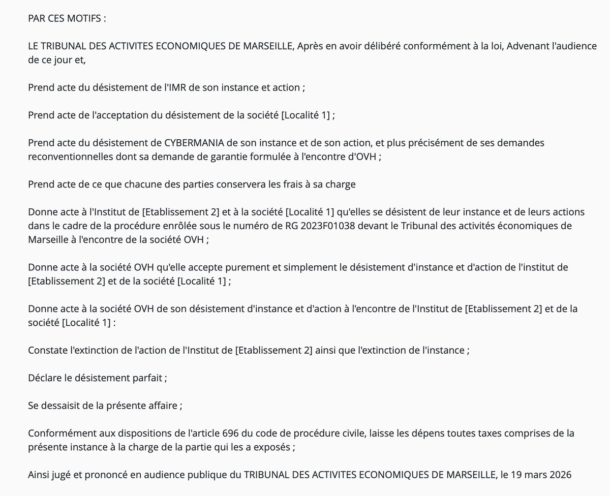 AlexArchambault's tweet image. Incendie du #DataCenter SBG #OVH de mars 2021 : l'Institut de Médecine Reproductive de Marseille se désiste de son recours contre #OVH (données perdues sur SBG2 et sauvegarde impactée sur SBG1)
courdecassation.fr/decision/69bef…
