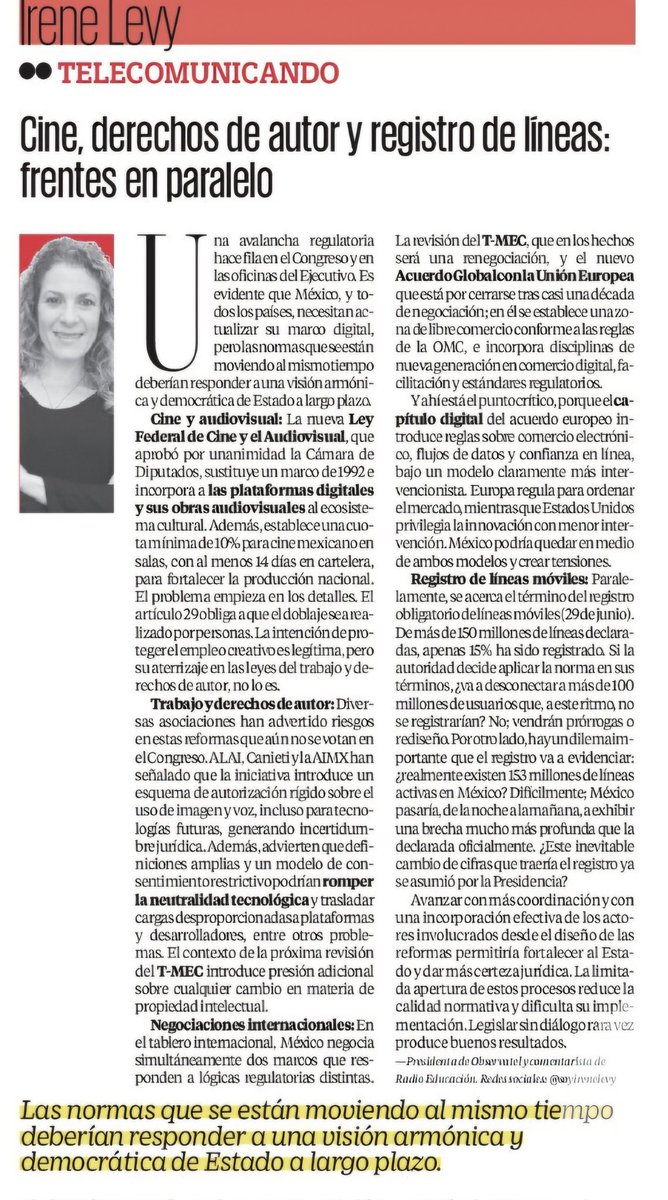 soyirenelevy's tweet photo. ⚠️"Cine, derechos de autor y registro de líneas: frentes en paralelo".... mi columna de hoy en @El_Universal_Mx
https://t.co/CYLxWm3zMx vía @El_Universal_Mx @CRTGobMX @AgenciaGobMX @senadomexicano @Mx_Diputados @RicardoMonrealA @ccurieldeicaza https://t.co/VEY35dZoeS