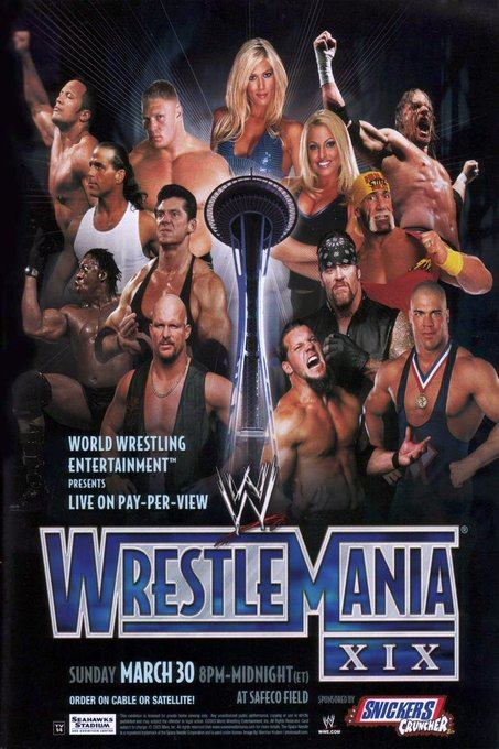 wrestle_hist's tweet photo. 3/30/2003
The WrestleMania XIX poster.
#WWE #WrestleManiaXIX #TorrieWilson #BrockLesnar #TheRock #ShawnMichaels #VinceMcMahon #BookerT #StoneColdSteveAustin #ChrisJericho #KurtAngle #Undertaker #HulkHogan #TrishStratus #TripleH #SafecoField #Seattle #Washington https://t.co/NPEILbMEQ3