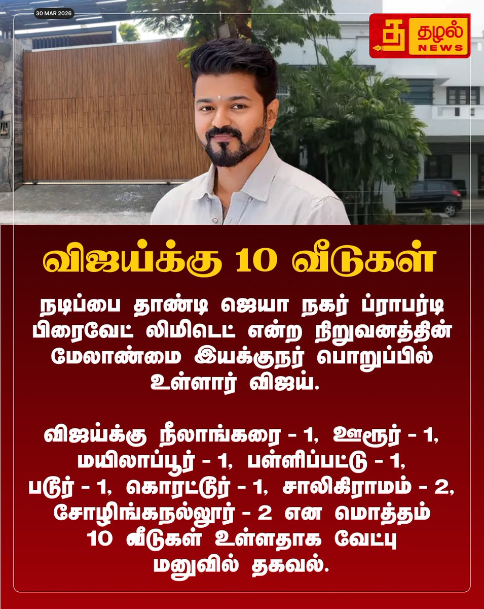 ThazhalNews's tweet photo. பெரம்பூர் தொகுதி வேட்பு மனுத்தாக்கல்: நடிகர் விஜய்க்கு சென்னை மற்றும் சுற்றுவட்டாரங்களில் 10 வீடுகள்! சொத்து விவரங்கள் வெளியீடு.
#TVKVijay #JosephVijay #AssetDeclaration #TNElection2026 #PeramburCandidate #VijayWealth #JayaNagarProperty #KollywoodPolitics #ElectionAffidavit https://t.co/QJ1n7qkV3G