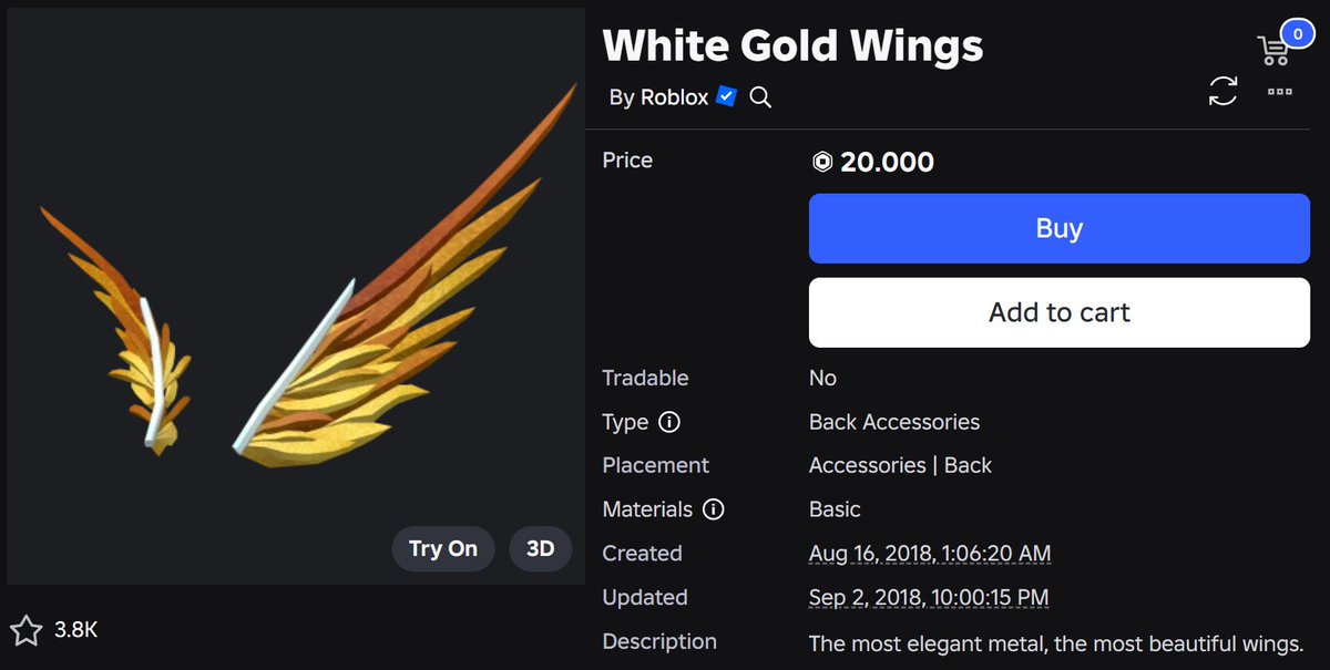mattipav1's tweet photo. eighth sale:
White Gold Wings for 20k robux!
#Roblox #RobloxDevs #robloxplayer https://t.co/GlUXfY7beu
