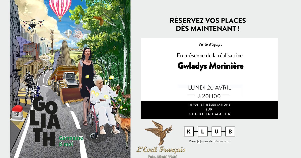 📆 Événement :
Projection du documentaire" Goliath, Germaine et moi " en présence de la réalisatrice Gwladys Morinière, le lundi 20 avril à 20h au cinéma Le Klub à #Metz.

➡️Séance suivi d'un débat.

Réservez vos place dès maintenant !
Visite d'équipe : Goliath, Germaine et moi |