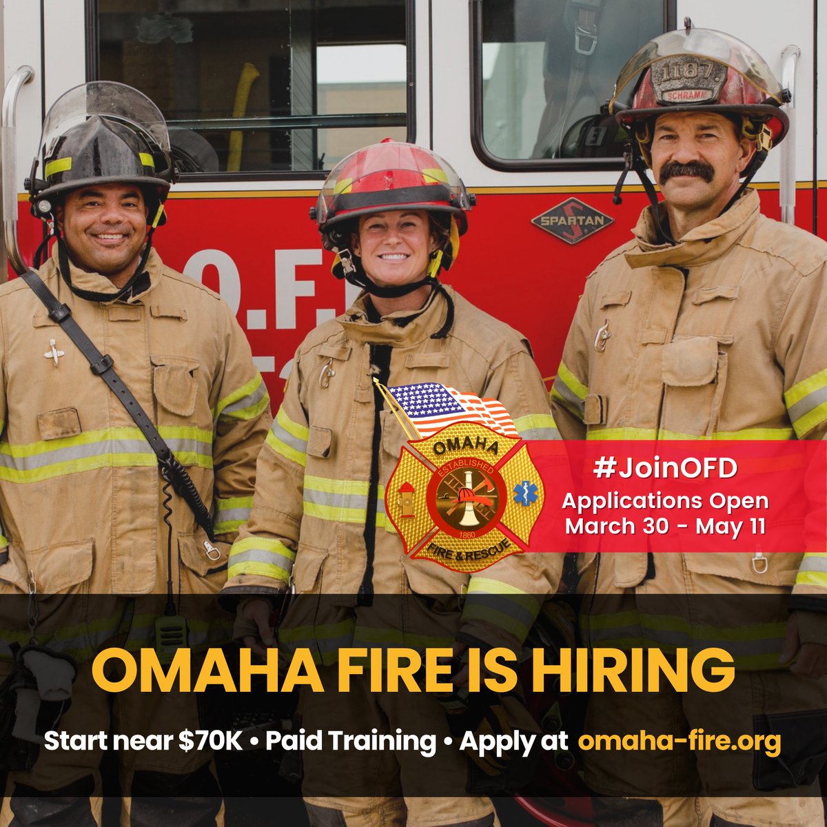 Applications are open! Apply to #JoinOFD today!

🔥Starting Salary: $69,334.72 (2026)
🔥Full pension retirement
🔥Paid training
🔥Competitive benefits
🔥Tuition reimbursement

Application Link:
go.cityofomaha.org/3369

EOE | <a href="/omahanehr/">City of Omaha HR</a> 
omaha-fire.org/career-opportu…