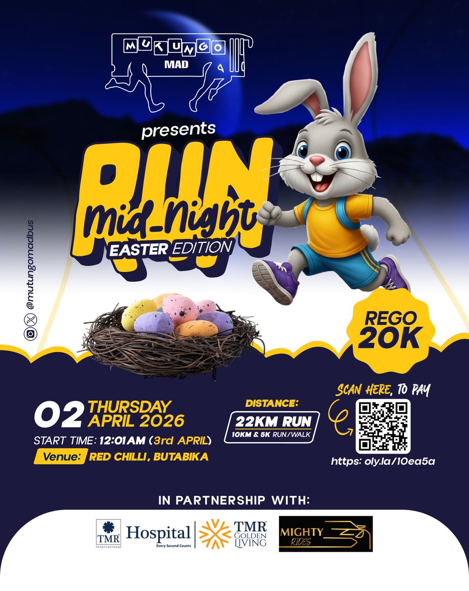 mutungomadbus's tweet photo. This #Thursday evening, good vibes, great company, and a memorable night run await.
Secure your spot now via ๐ https://t.co/hm6eFAV2bE for the upcoming #MidNight Run
We shall be supported by @TMR_IntHospital
And @Mighty_ridesug too
#MidNightRun in Mutungo
#EasterEdition https://t.co/sJgiJzB7sI