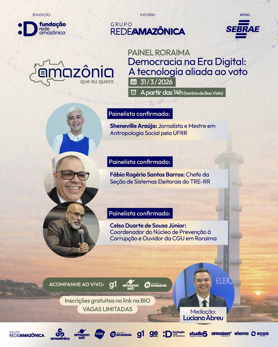 📍 Roraima recebe o #AMQQ2026

📅 31/03 | 🕒 14h (Boa Vista)
📌 Sebrae RR – Av. Maj. Williams, 680
Tema: Democracia na Era Digital
📺 Ao vivo: G1 RR, Portal Amazônia e Amazon Sat

Inscrições: tr.ee/J3LeeMz8kf