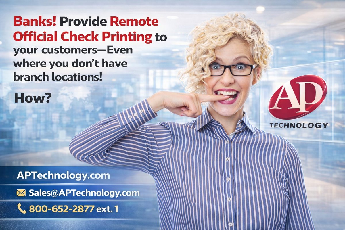 APTpay's tweet image. #Banks! #RemoteCheckPrinting means faster deal closes and fewer trips to branches for #business customers. More deposits for you. Advanced workflow automation and Secure32 replacement, too. AP Technology for modernized payment issuance solutions. aptechnology.com