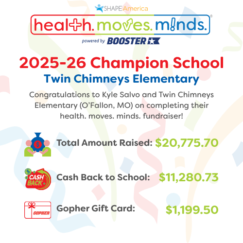 🏆 Twin Chimneys Elementary (MO) did it again!
The 2024-25 Top 3 school AND now best year ever—raising $20,775.70 with health. moves. minds.! Incredible leadership from Team Champion <a href="/Salvo_TCE/">Kyle Salvo</a>! 👏