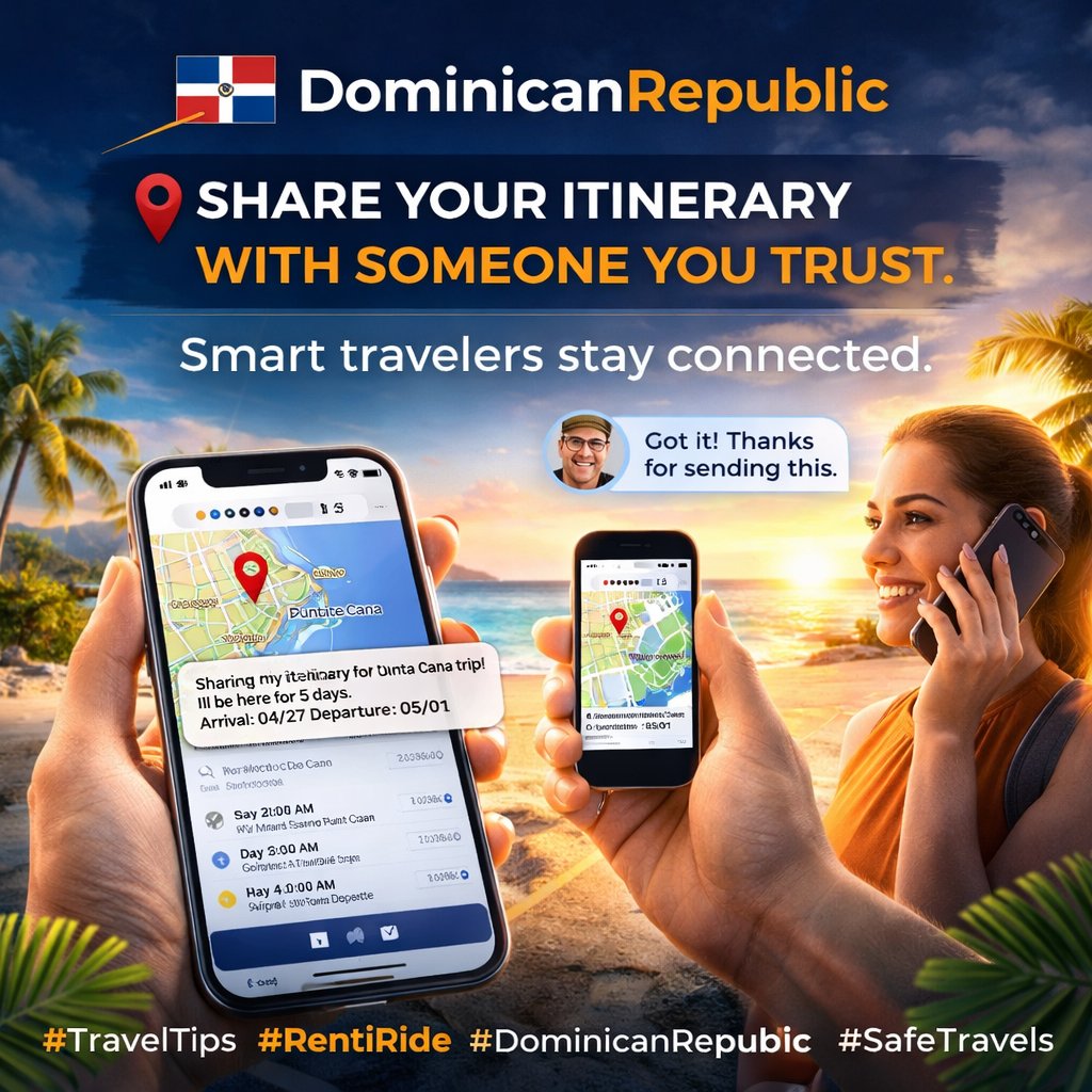 rentiride's tweet photo. 📍 Share your itinerary with someone you trust #TravelTips Smart travelers stay connected while in the #DominicanRepublic 

#SafeTravels #PuntaCana #RentiRide https://t.co/701zwddRm4