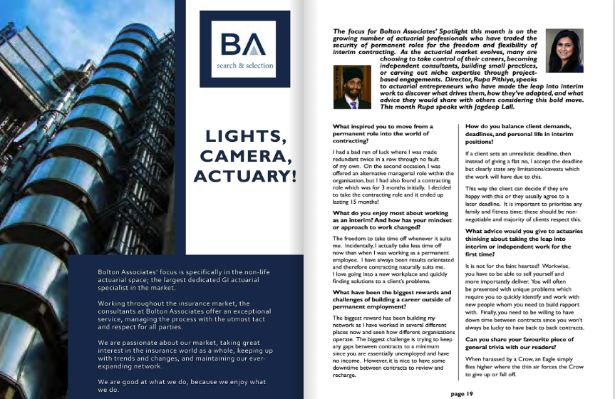 BoltonAssociate's tweet photo. Our spotlight page in the @actuarialpost magazine is focusing on the growing number of professionals who have traded their permanent role for the freedom &amp; flexibility of interim contracting. This month Rupa Pithiya speaks to Jagdeep Lall https://t.co/bat2Wesf5Z https://t.co/dTFWzkAYUl
