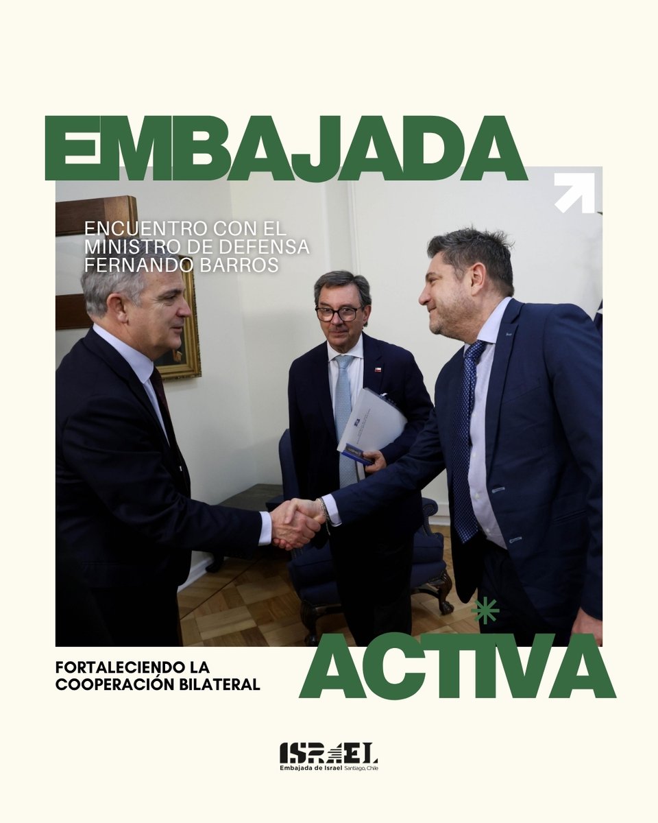IsraelinChile's tweet photo. Nuestro embajador, @peleg_lewi , sostuvo una muy positiva reunión con el Ministro de Defensa Fernando Barros y su equipo, avanzando en la construcción de una agenda de cooperación entre Chile e Israel.

Este encuentro representa un nuevo impulso en la relación bilateral y reafirma el compromiso de ambos países con la cooperación, el diálogo y el desarrollo en áreas de interés común.

Seguimos trabajando para fortalecer los lazos entre Chile e Israel, promoviendo iniciativas que generen beneficios concretos para ambas sociedades.
🇮🇱🤝🇨🇱