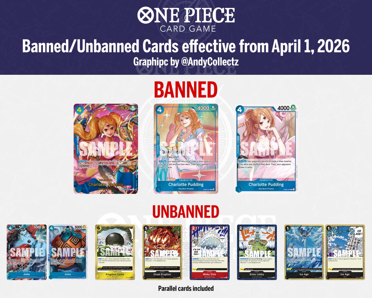 AndyCollectz's tweet photo. In addition to the ban and unban list below that Bandai previously released, they have officially announced there will be more updates made soon.

Additional updates to come:
March 31st around 3am PT / 6am ET ⌚️

The list will be effective starting April 10th 🗓️ https://t.co/IZWPffYnmO