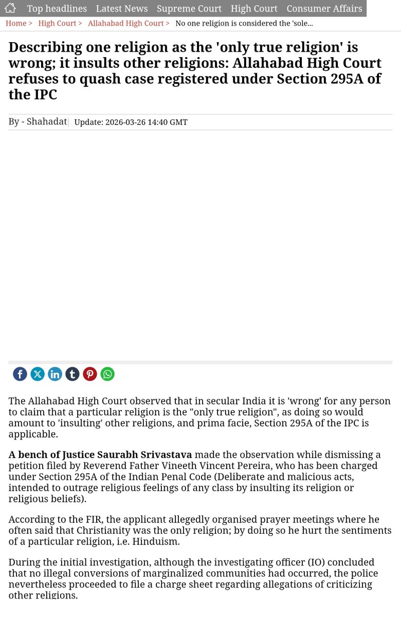 TiwariLalmani's tweet photo. @thorodinson07 @kinkarmishra The Allahabad High Court:  In secular India it is 'wrong' for any person to claim that a particular religion is the "only true religion", as doing so would amount to 'insulting' other religions, and prima facie, Section 295A of the IPC is applicable.

https://t.co/5uOClGu9HC https://t.co/pIwxmPrBGx