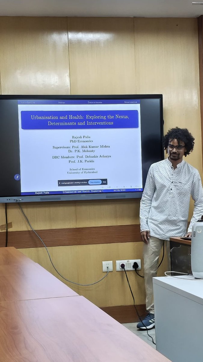 Uoheco's tweet photo. (Date: 26-03-2026): Double Congratulations to Mr. Rajesh Palia PhD scholar in Economics.

We are very happy to share good news that Mr. Rajesh Palia has given successfully the pre-submission seminar of his PhD thesis on "Urbanisation and Health: Exploring the Nexus, Determinants and Interventions". He is working under the supervision of Professor Alok Kumar Mishra and Dr. P. K. Mohanty. His doctoral committee members are Professor Debashis Acharya and Professor Jajati Keshari Parida. Rajesh Palia is the first PhD scholar to give the first Pre-submission seminar from his PhD batch 2022 at the School of Economics University of Hyderabad.

We are also very happy to inform you all that immediately after giving the pre-submission seminar, Rajesh Palia has gone to Berlin in Germany for his four-month academic exchange programme.

Double congratulations to Rajesh Palia for giving his pre-submission seminar and Germany academic exchange programme. Many thanks for bringing name and fame to the School of Economics University of Hyderabad.

Best wishes for your early completion and final submission of your PhD thesis. Wishing you a very nice, fruitful and memorable academic time in Germany !!!
---------
Compiled by Vikash Chaudhary (PhD scholar in Economics) @HydUniv @Uoheco