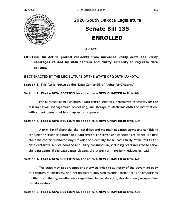 ailawsio's tweet photo. NEW: South Dakota has passed the "Data Center Bill of Rights for Citizens"

SB 135 requires utilities to create separate rate structures for DCs, and for DCs to provide notice of project water consumption - which must be approved as "compatible with the local water supply." https://t.co/JFZz52pyjF
