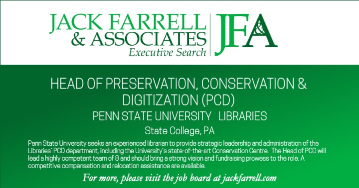 JFandAssociates's tweet photo. Penn State seeks an experienced librarian to lead its PCD unit and oversee its Conservation Centre. Learn more: https://t.co/dToRueVMtD https://t.co/xAFMIdABPU