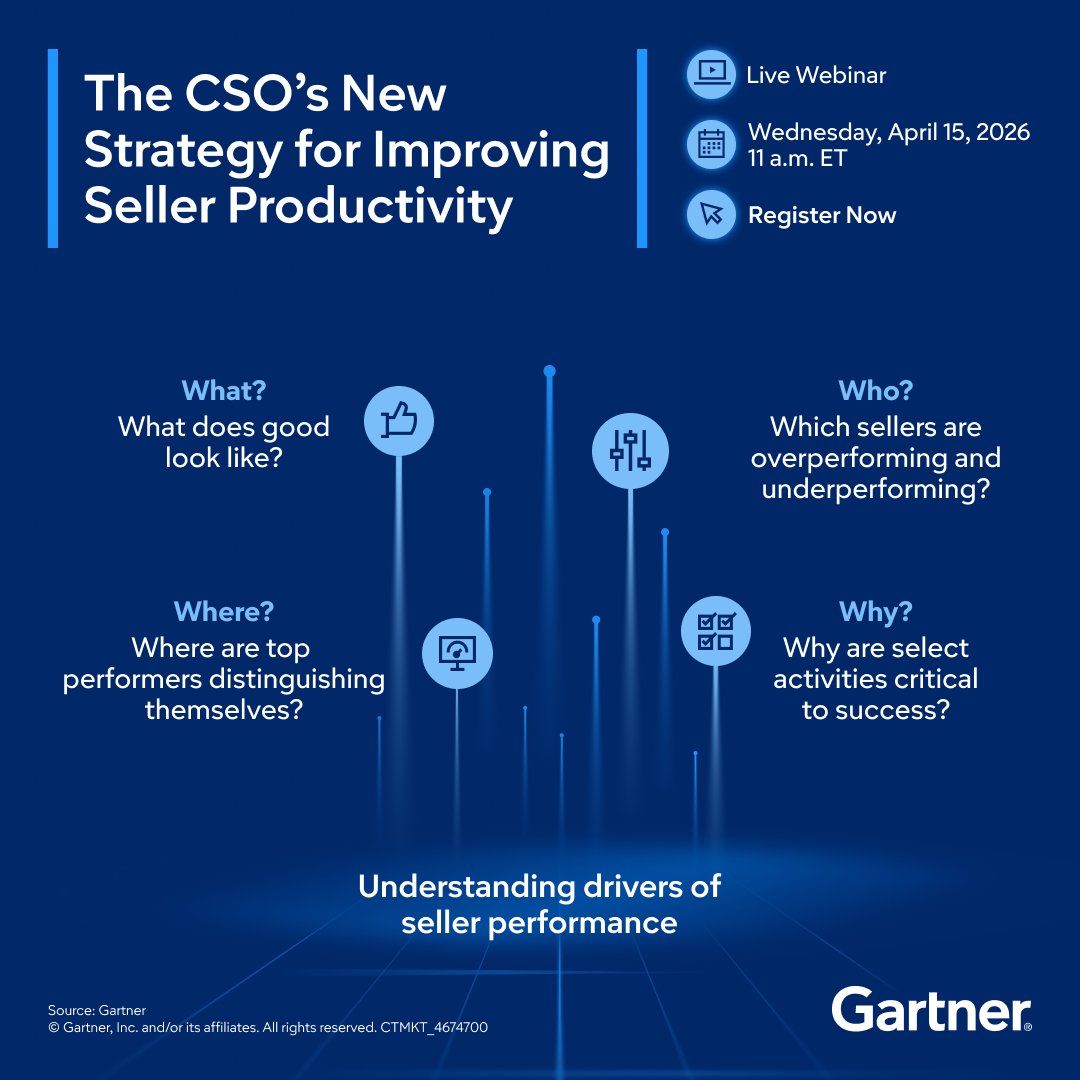 Gartner_inc's tweet image. Ready to move beyond intuition-driven coaching? gtnr.it/41dDGbr

Learn how comparative analysis and behavior-based indicators reveal true productivity drivers for every seller cohort.

#GartnerSales #SalesLeaders #SalesPerformance #Coaching #Innovation
