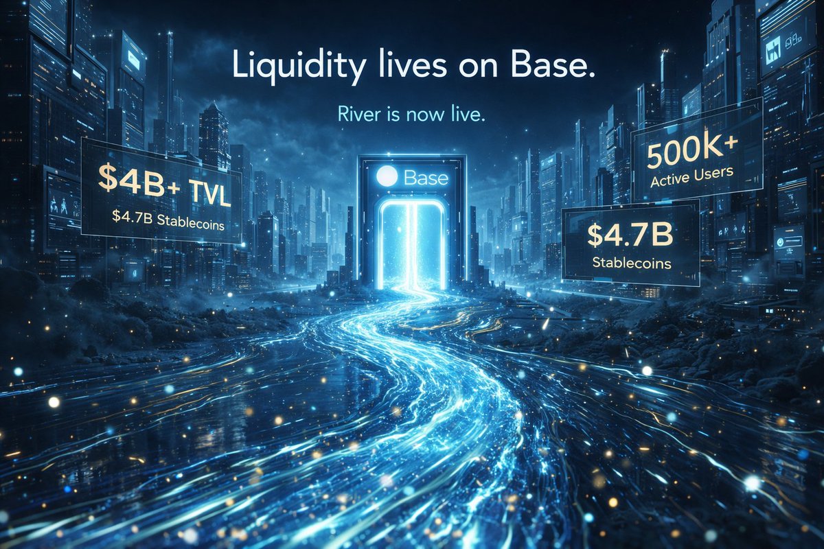 liquidweb3's tweet photo. Just in:

River is now live on @base.

This is where liquidity already is:

• $4B+ DeFi TVL
• $4.7B stablecoins
• ~500K daily active users

That’s real onchain activity.

>> No extra steps.
>> No friction.
>> Just access.

Build. Move. Use.

Feeling BASED ? https://t.co/ovpOMijFVq