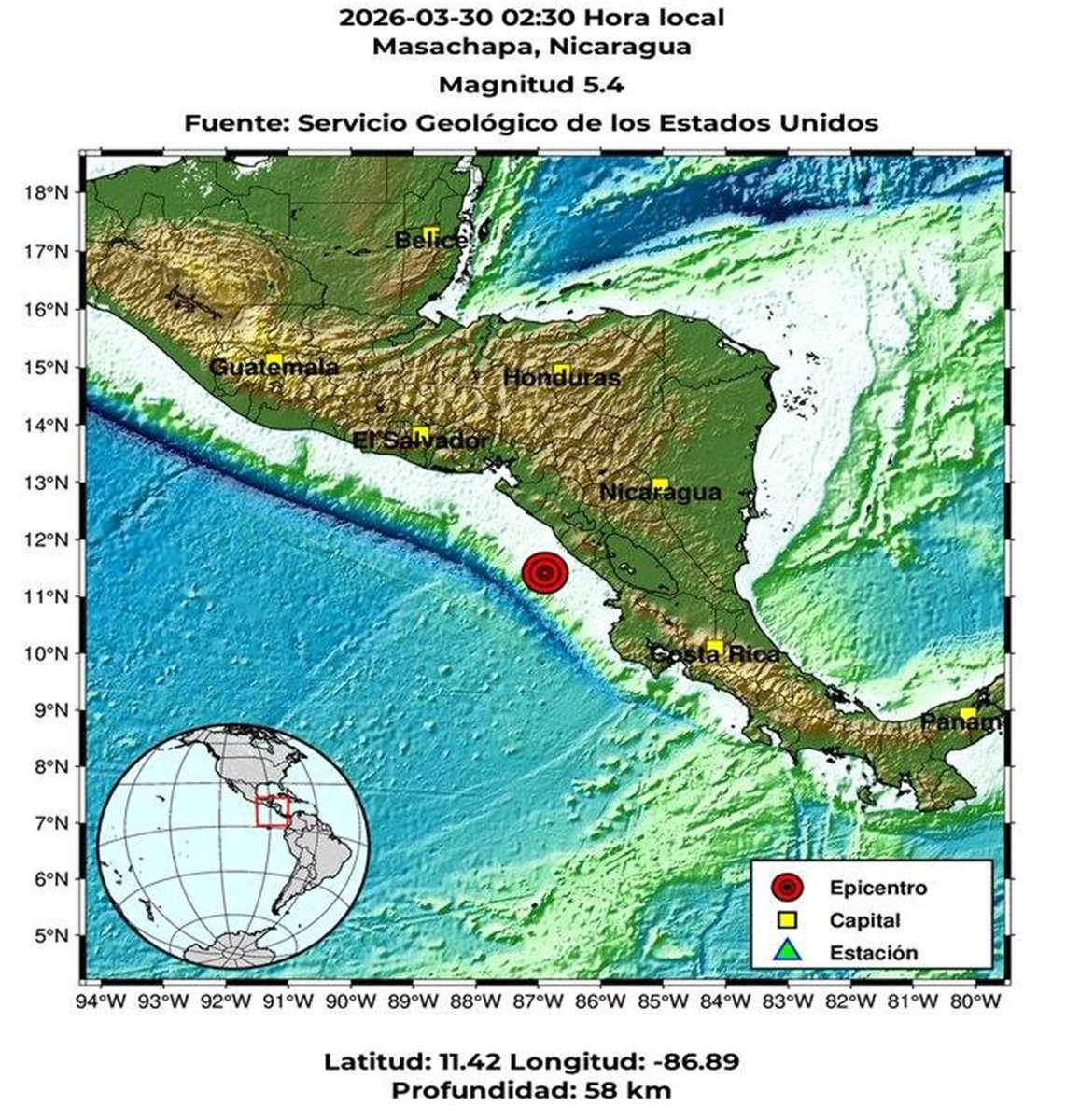 nuevaya's tweet photo. INETER reporta sismo de magnitud 5.4 frente a las costas de Pochomil y Masachapa. El movimiento telúrico fue seguido por réplicas superiores a 3 grados.  🌍⚠️💥

Entrá ahora 👇 https://t.co/78f60Okoff
#SismoNic #Ineter https://t.co/zCQ6RI6OfO