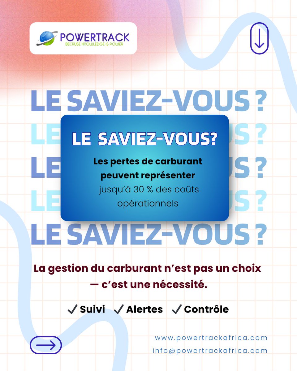 PowerTrack_'s tweet photo. La gestion du carburant n’est pas un choix — c’est une nécessité.

Les pertes de carburant peuvent représenter
jusqu’à 30 % des coûts opérationnels

✔ Suivi
✔ Alertes
✔ Contrôle

#PowertrackAfrica #FuelManagement #DidYouKnow #FleetEfficiency https://t.co/1DaYUVcEb3