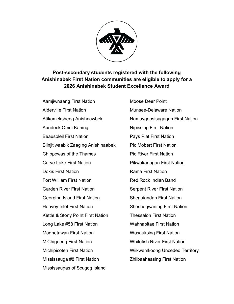 AN7GC's tweet photo. #SCHOLARSHIP OPPORTUNITY!
The AN7GC, in partnership with Scotiabank, is proud to offer an opportunity for students to apply for one of our 2026 Anishinabek Student Excellence Awards!
Application deadline: May 15, 2026
https://t.co/ySLGFfMQsS https://t.co/G5Y36ZUf4X