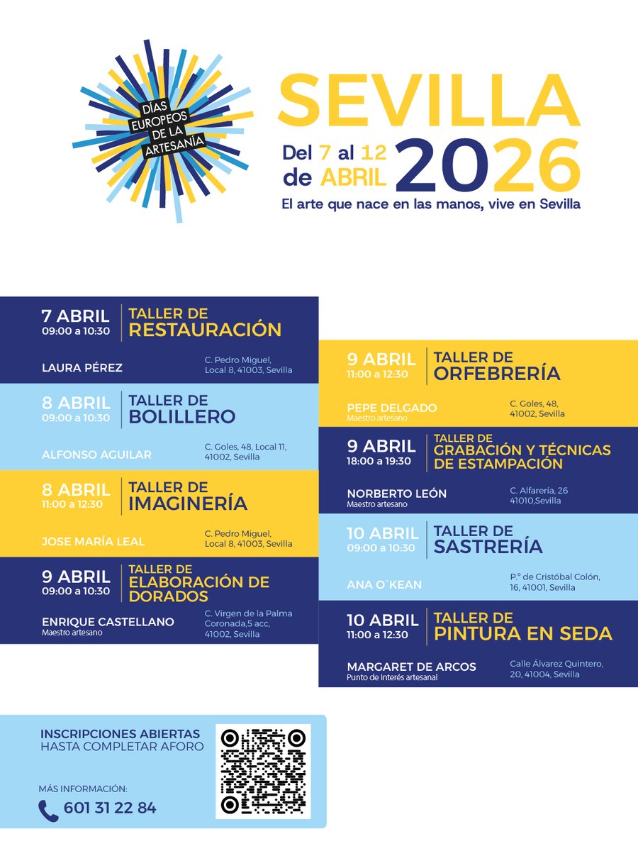 💥 Taller de encaje de bolillos
Con <a href="/Alfonsobolillos/">Alfonso Aguilar</a> 🧵

Descubre el arte del Punto Español en oro y plata aplicado a la imaginería y la indumentaria tradicional.

👉 GRATIS
⚠️ Plazas limitadas
🔗  somosmamapato.com/dias-europeos-…

#Artesanía #Sevilla #artesaníahechaenandalucia
