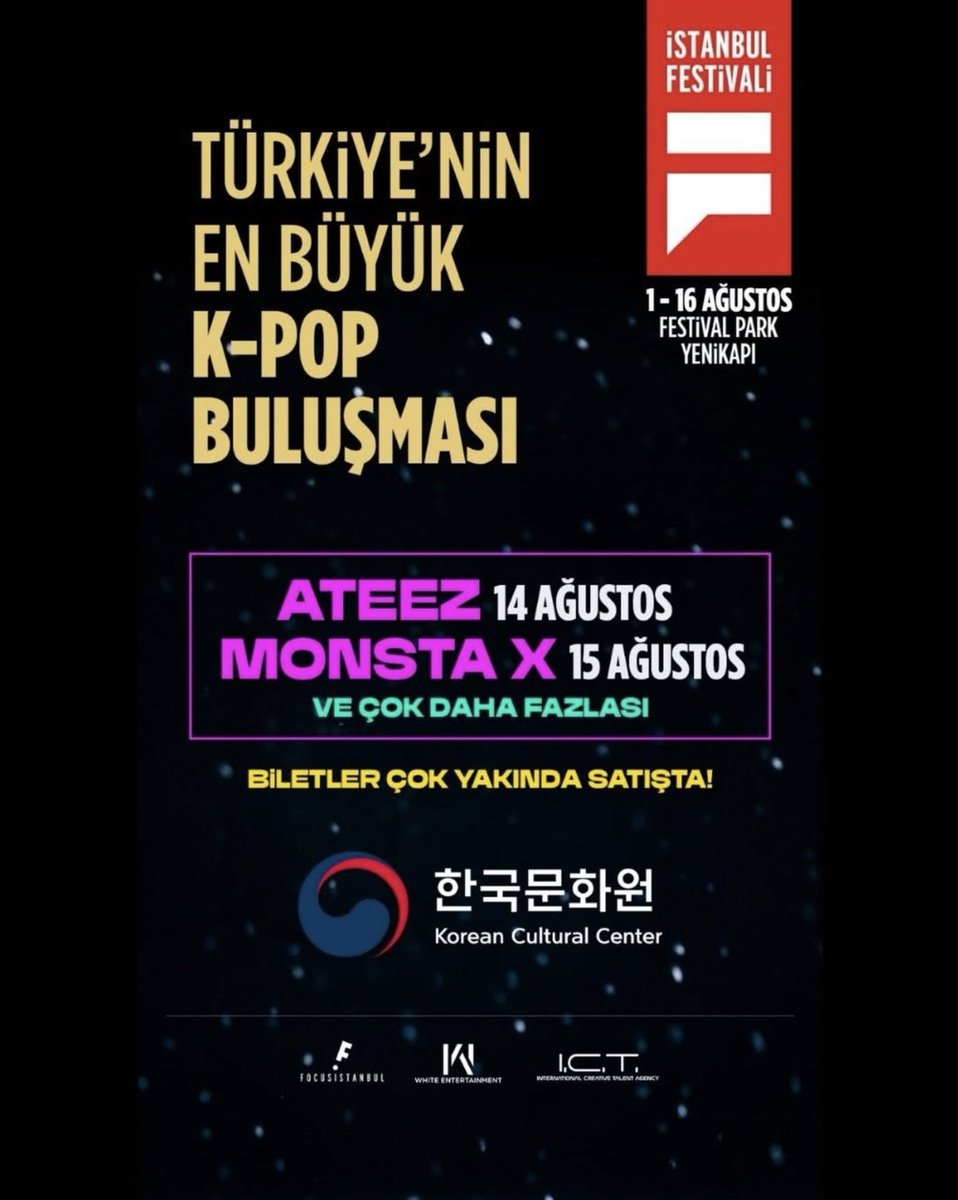 kpopconcertseu's tweet photo. Istanbul Festival in Turkiye, by kore_kultur_merkezi is bringing 
 
ATEEZ – August 14
MONSTA X – August 15

📍Festival Park Yenikapi
📅 1 – 16 August
Tickets will be on sale soon!

#koreaculturecenter #istanbulfestival #kpop https://t.co/h1kPhvcrs1