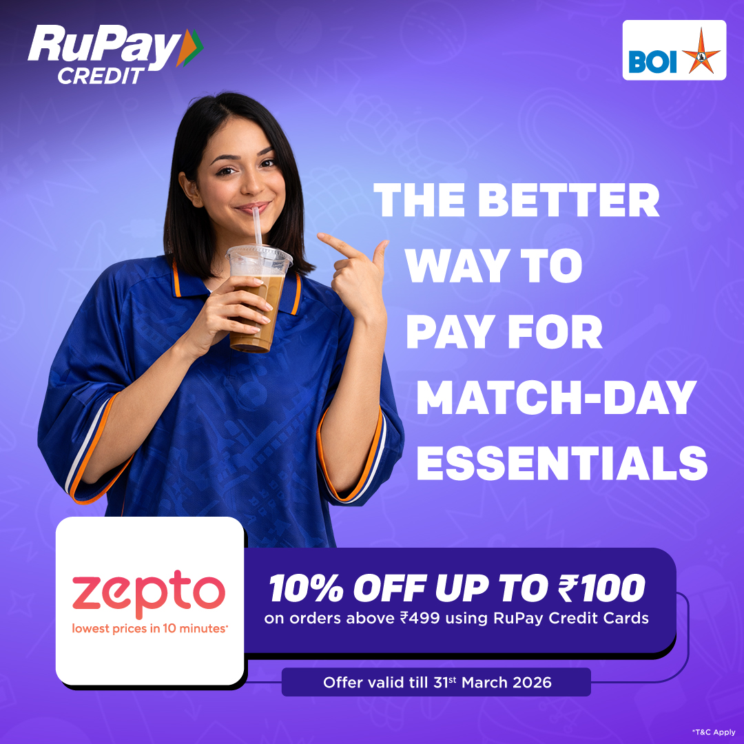 BankofIndia_IN's tweet image. ONE DAY LEFT TO GRAB IT! 

Skip the hassle and pay with your RuPay Credit Card to get 10% OFF (up to ₹100) on Zepto orders above ₹499.

Game on, snacks handled.

#RuPay #BOI #SmartSpending #Zepto #MatchSnacks #BankOfIndia
