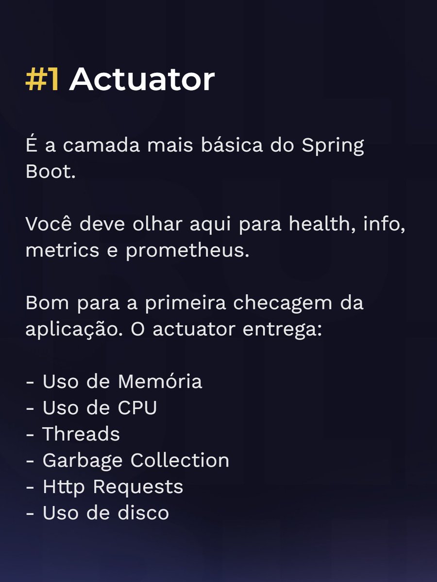 buildruntech's tweet photo. Quando cada camada responde uma pergunta, investigar um problema fica mais direto. 

O actuator traz uma visão 360 e ajuda na checagem inicial

- As métricas mostram desvio
- Os logs dão contexto 
- Os traces mostra o caminho da requisição. https://t.co/S82p4YuN2R