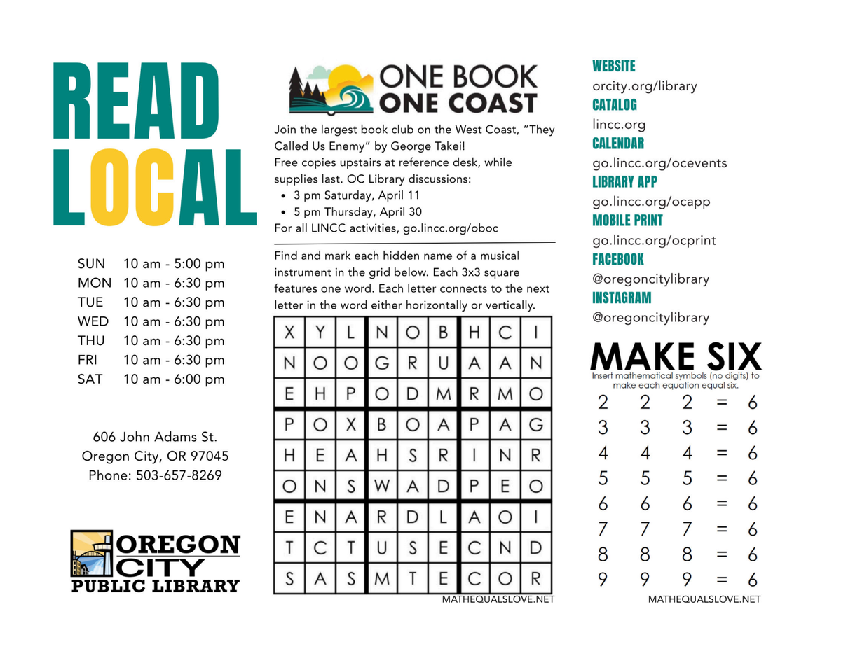 ORCityLibrary's tweet image. April calendar has been released. Can you solve this month's puzzles? #AprilEvents #LibraryPrograms #OregonCity