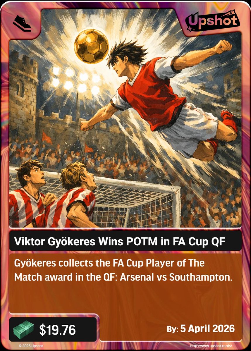 Max_h4x's tweet image. The FA Cup Quarter Finals Pack Just Dropped On @upshot_cards 

Called it with the Victor Gyökeres card for the Arsenal vs Southampton match and bro has been delivering when it mattered most. 

Moments like this are why I love making calls on @upshot_cards NGL.

If you're not on