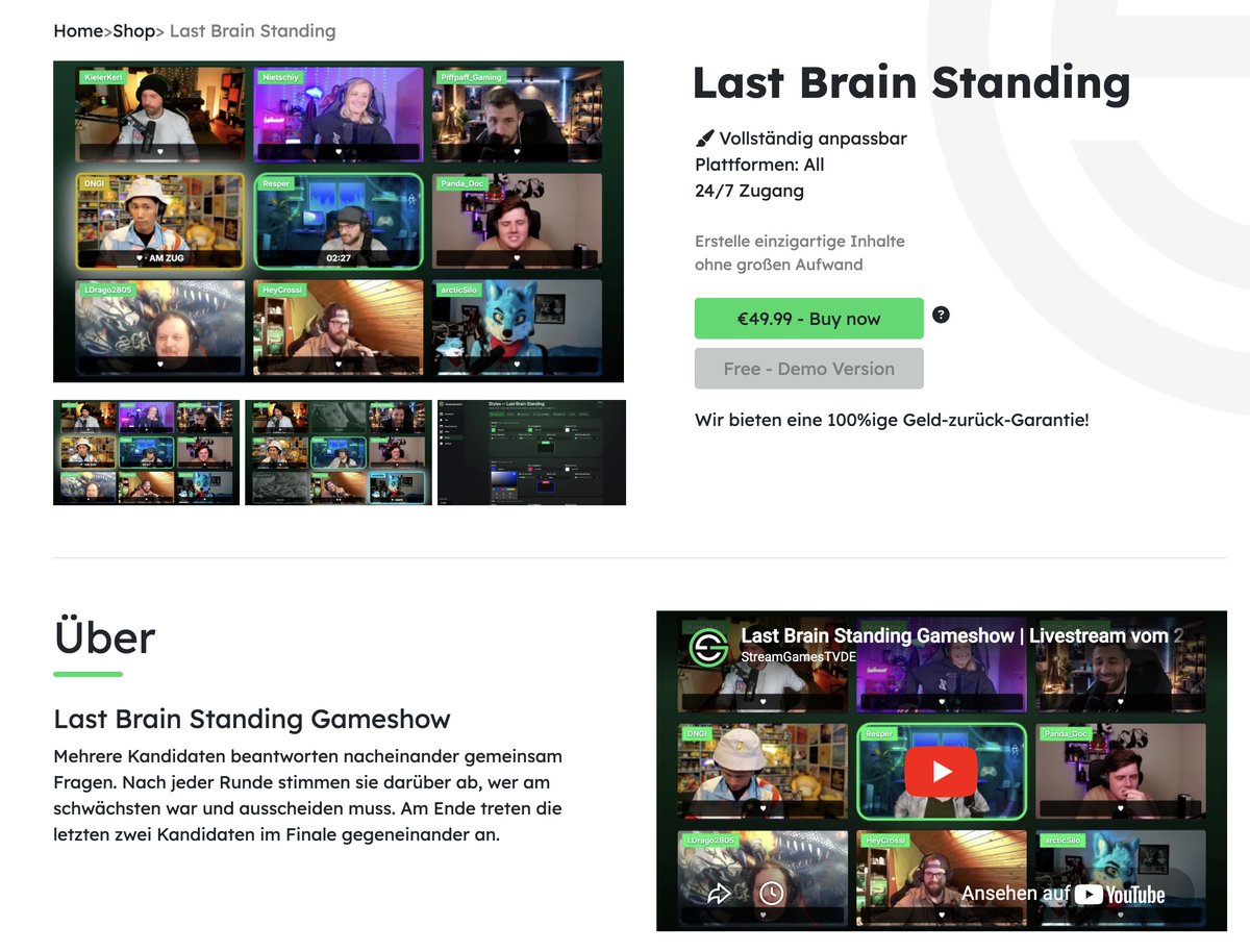 Es gibt jetzt eine brandneue Gameshow names „Last Brain Standing“. 

Mehr Infos zur Gameshow auf unserer Website: streamgames.tv/games/007

Hier eine Beispielrunde: youtube.com/watch?v=kT1EqF…
